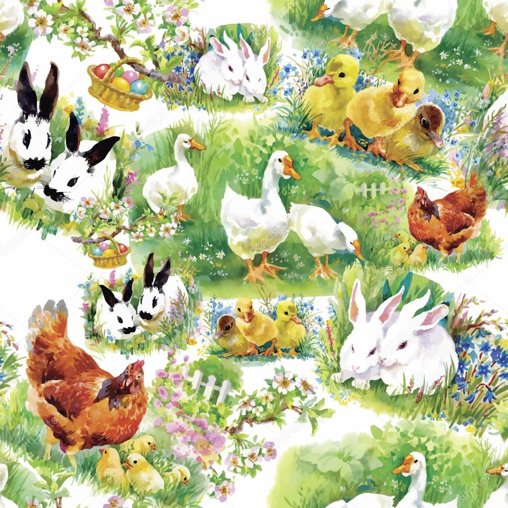 Little fluffy cute watercolor ducklings, chickens and hares with eggs seamless pattern on white background vector illustration
