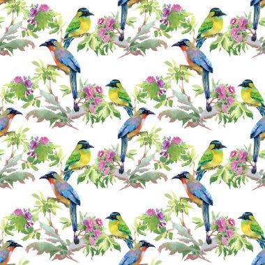 dalları ile yaprakları ve renkli kuşlar