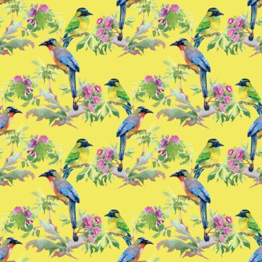 dalları ile yaprakları ve renkli kuşlar