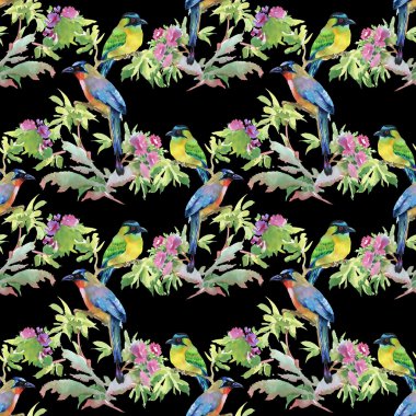 dalları ile yaprakları ve renkli kuşlar