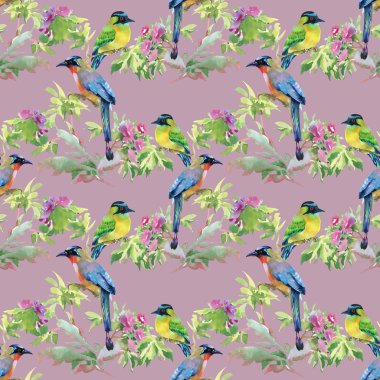 dalları ile yaprakları ve renkli kuşlar