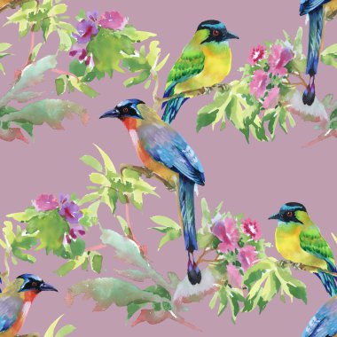 dalları ile yaprakları ve renkli kuşlar