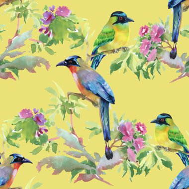 dalları ile yaprakları ve renkli kuşlar