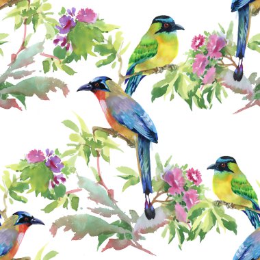 dalları ile yaprakları ve renkli kuşlar