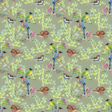 dalları ile yaprakları ve renkli kuşlar