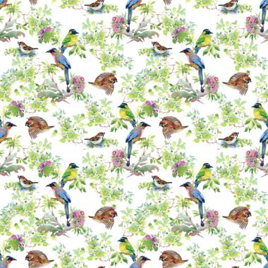 dalları ile yaprakları ve renkli kuşlar