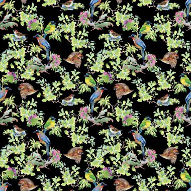 dalları ile yaprakları ve renkli kuşlar