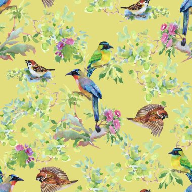 dalları ile yaprakları ve renkli kuşlar