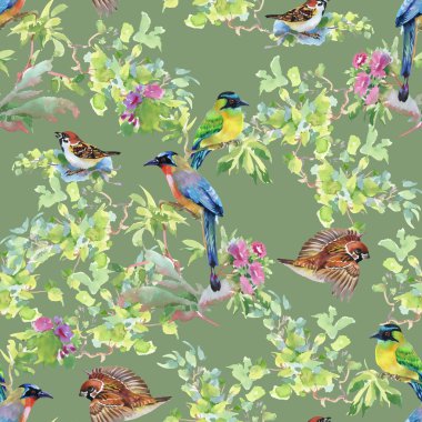 dalları ile yaprakları ve renkli kuşlar