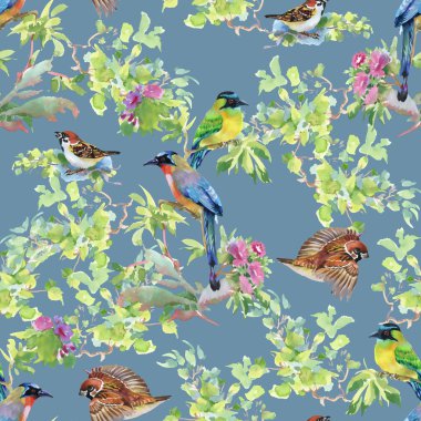 dalları ile yaprakları ve renkli kuşlar