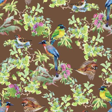 dalları ile yaprakları ve renkli kuşlar