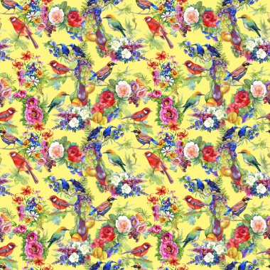 çiçek ve meyve ile renkli kuşlar