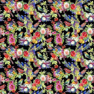 çiçek ve meyve ile renkli kuşlar