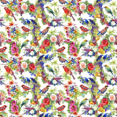 çiçek ve meyve ile renkli kuşlar