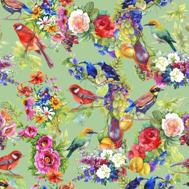 çiçek ve meyve ile renkli kuşlar