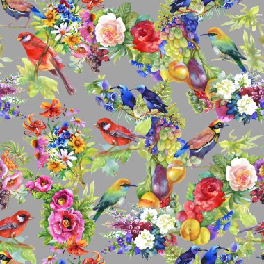 çiçek ve meyve ile renkli kuşlar