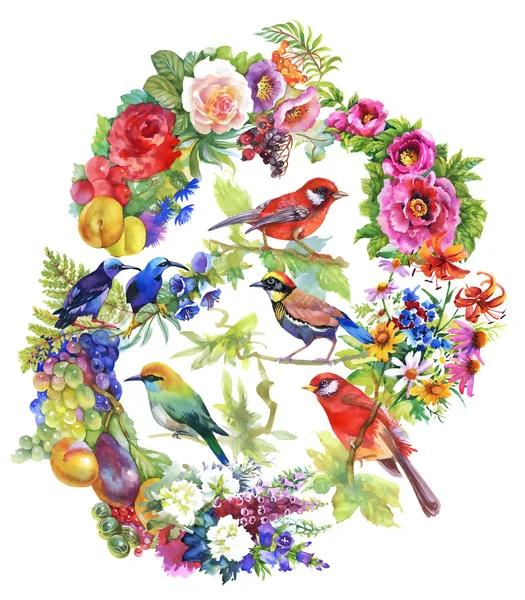 Oiseaux colorés avec des fleurs et des fruits — Photo