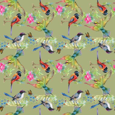 Çayır çiçekler ve kuşlar ve kelebekler