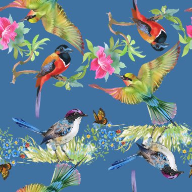 Çayır çiçekler ve kuşlar ve kelebekler