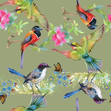 Çayır çiçekler ve kuşlar ve kelebekler