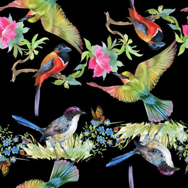 Çayır çiçekler ve kuşlar ve kelebekler