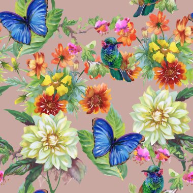 Çayır çiçekler ve kuşlar ve kelebekler