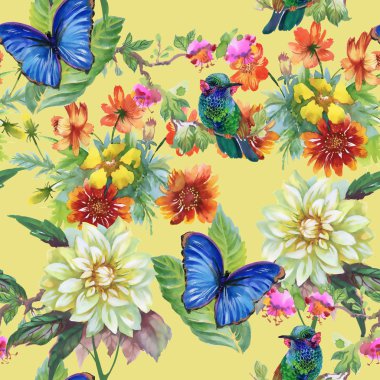 Çayır çiçekler ve kuşlar ve kelebekler