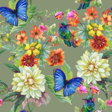 Çayır çiçekler ve kuşlar ve kelebekler