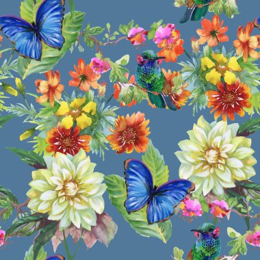 Çayır çiçekler ve kuşlar ve kelebekler