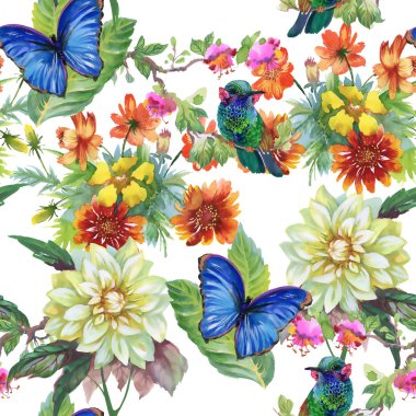 Çayır çiçekler ve kuşlar ve kelebekler