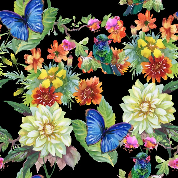 Çayır çiçekler ve kuşlar ve kelebekler — Stok fotoğraf