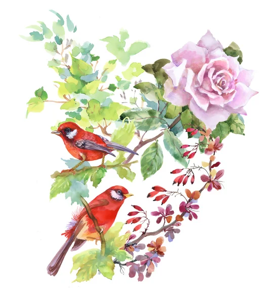 Tree with flowers and birds — Stock Photo, Image