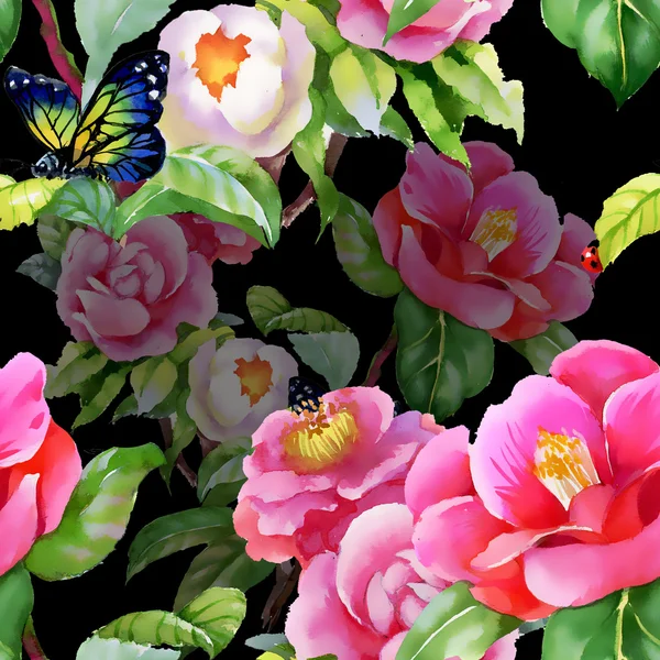 Borboleta e joaninha no fundo floral — Fotografia de Stock