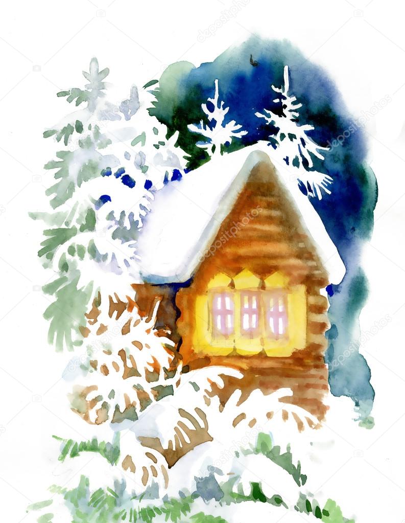 snowy house Watercolor landscape