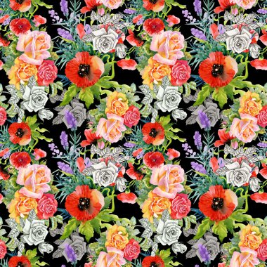 Bahçe haşhaş ve tek renkli gül