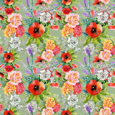 Bahçe haşhaş ve tek renkli gül