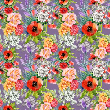 Bahçe haşhaş ve tek renkli gül