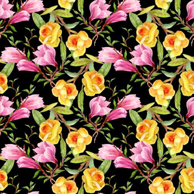 Sarı gorse ve pembe Manolya çiçek