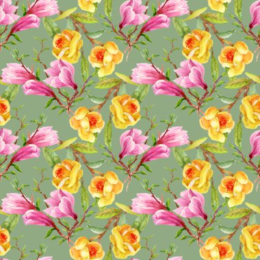 Sarı gorse ve pembe Manolya çiçek