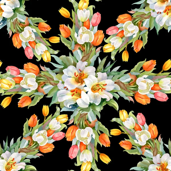 Summer blooming wildflowers and tulips pattern — Stock Photo, Image