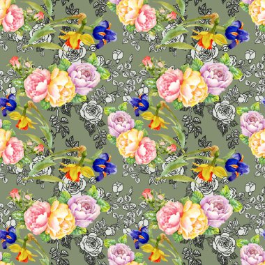 süsen ve gül çiçek deseni