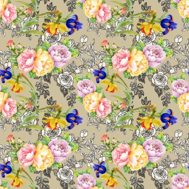süsen ve gül çiçek deseni