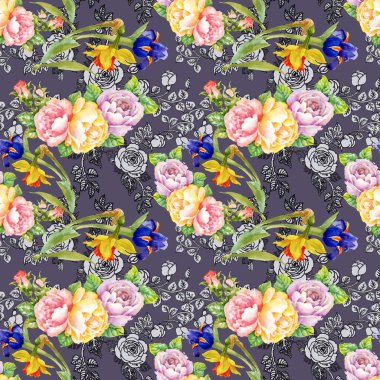 süsen ve gül çiçek deseni