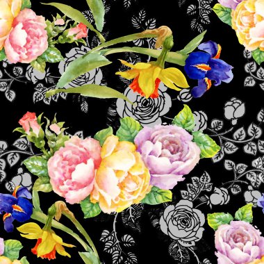 süsen ve gül çiçek deseni