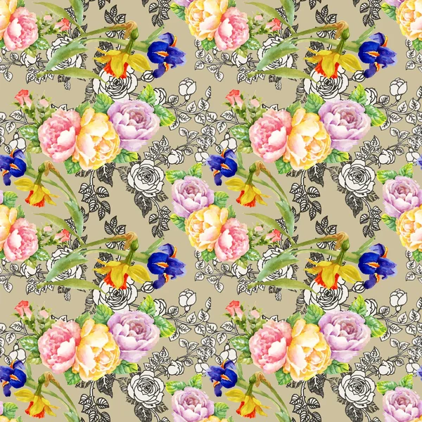Irissen en rozen veldboeket patroon — Stockfoto