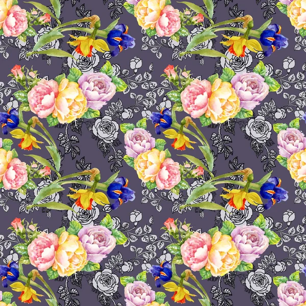 Irises and roses flowers pattern — Stock Photo, Image