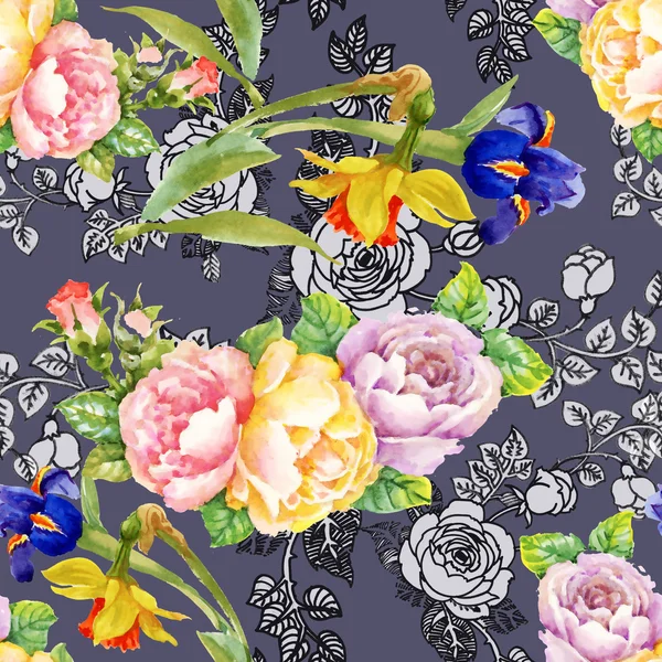 Schwertlilien und Rosen Blumenmuster — Stockfoto