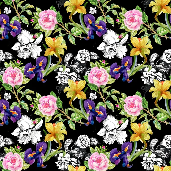 Narcissus, irises and roses pattern — Stock Photo, Image