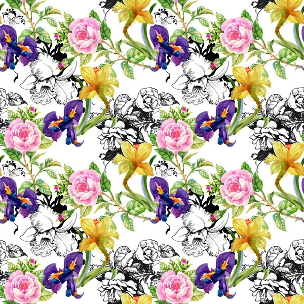 Narcisse, iris et rose motif — Photo