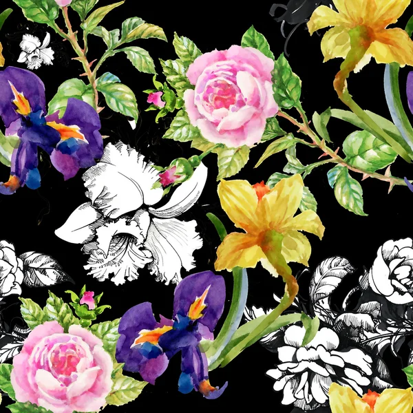 水仙、アイリス、バラのパターン — ストック写真